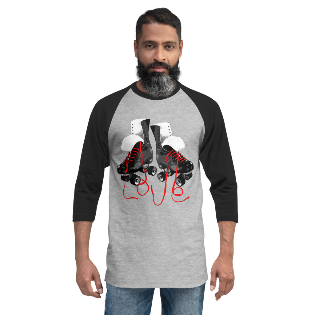 Unique Roller Skate Apparel & Skate Gifts. Raglan roller skate shirt. Roller skate jersey African American design. Roller Skate Baseball T-Shirt.
